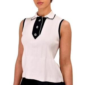 Chanel 2008 Knit Sleeveless White Polo Top Silver Lurex Trim Size EU 42 / Medium